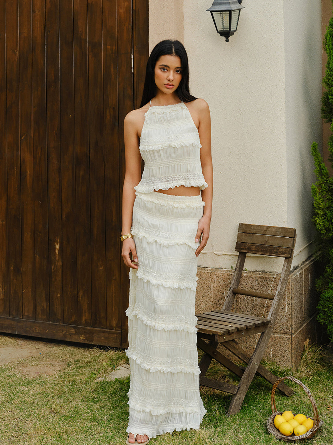 Smocked Neckholder Crop Top mit Stufenrock-Set