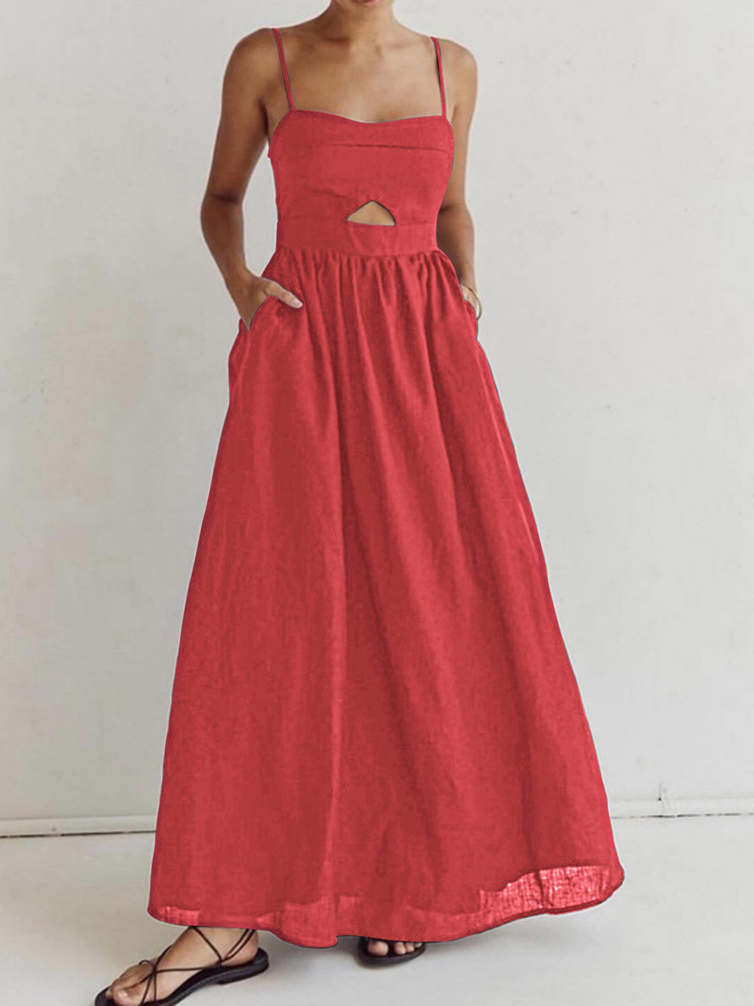 Bavellose Lang Kleid Mit Taschen Und Ausschnitt