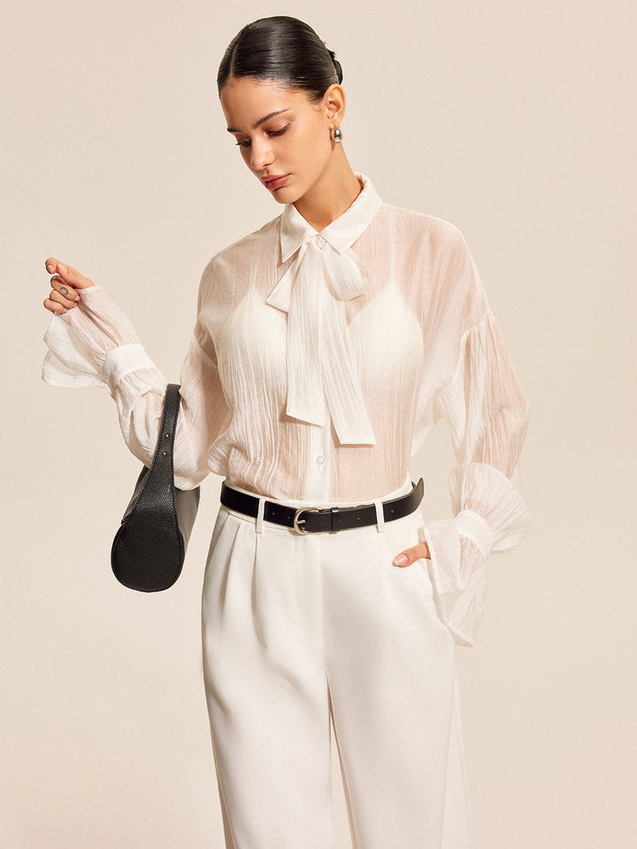 Bluse mit durchsichtigem Schleifenkragen