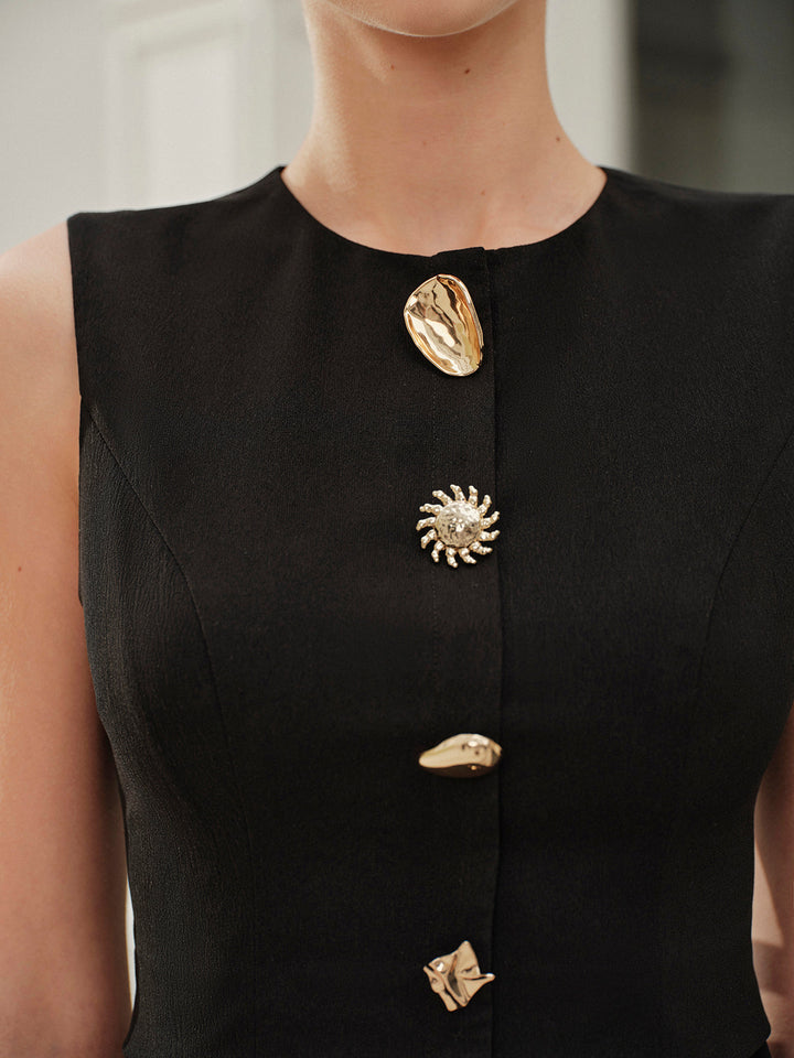 Tasche Rüschensaum Knopfleiste Ärmelloses Kleid