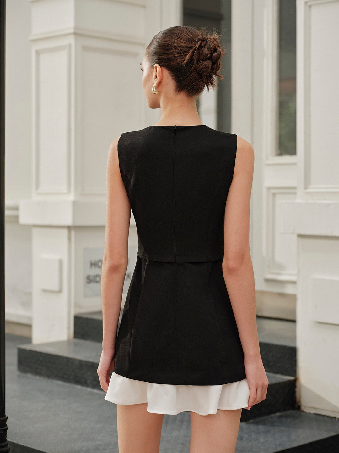 Tasche Rüschensaum Knopfleiste Ärmelloses Kleid