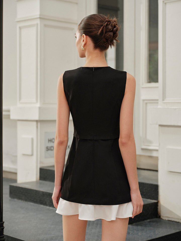 Tasche Rüschensaum Knopfleiste Ärmelloses Kleid