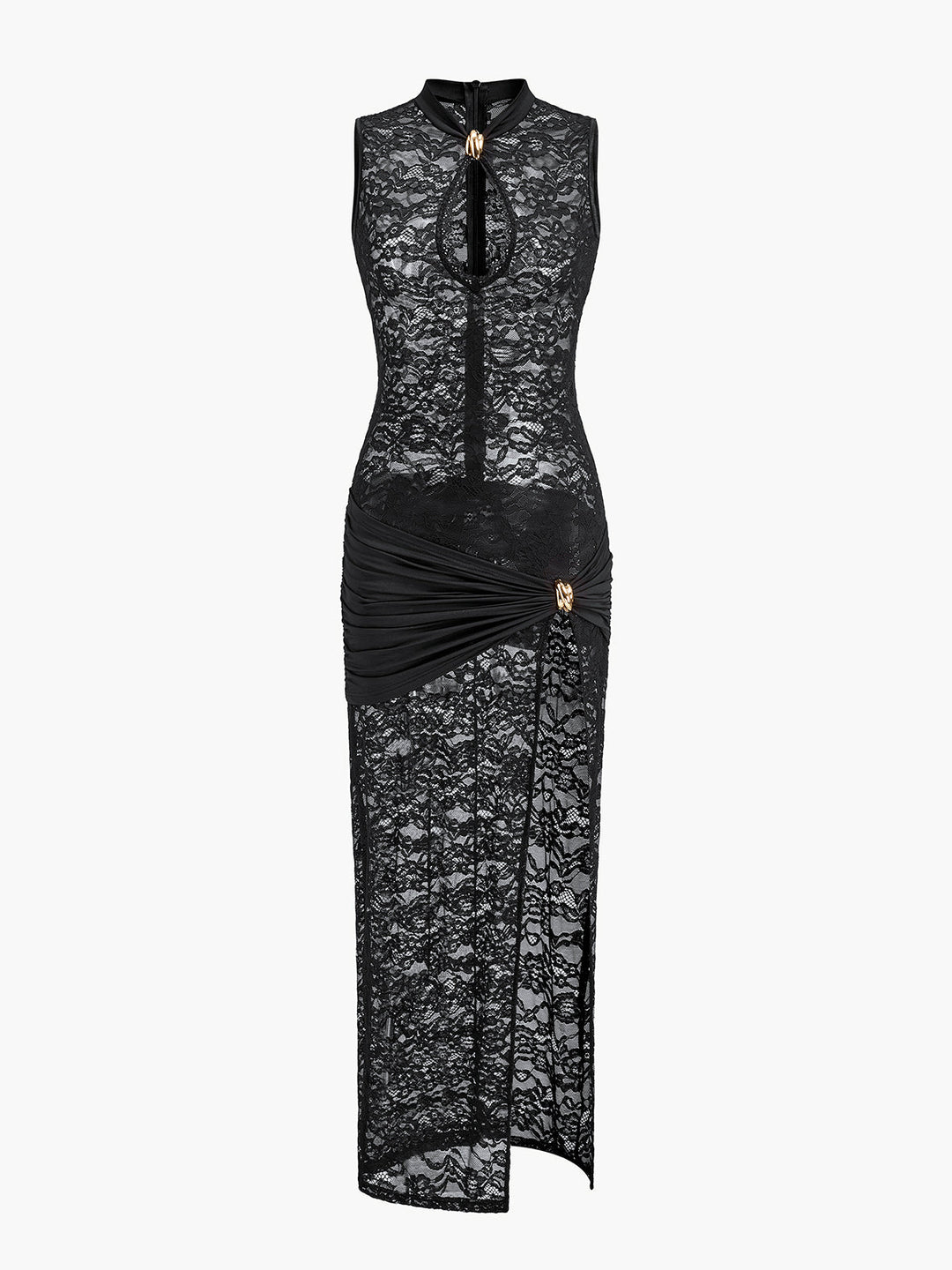 Kleid mit durchbrochener Schlüssellochausschnitt und Raffungen