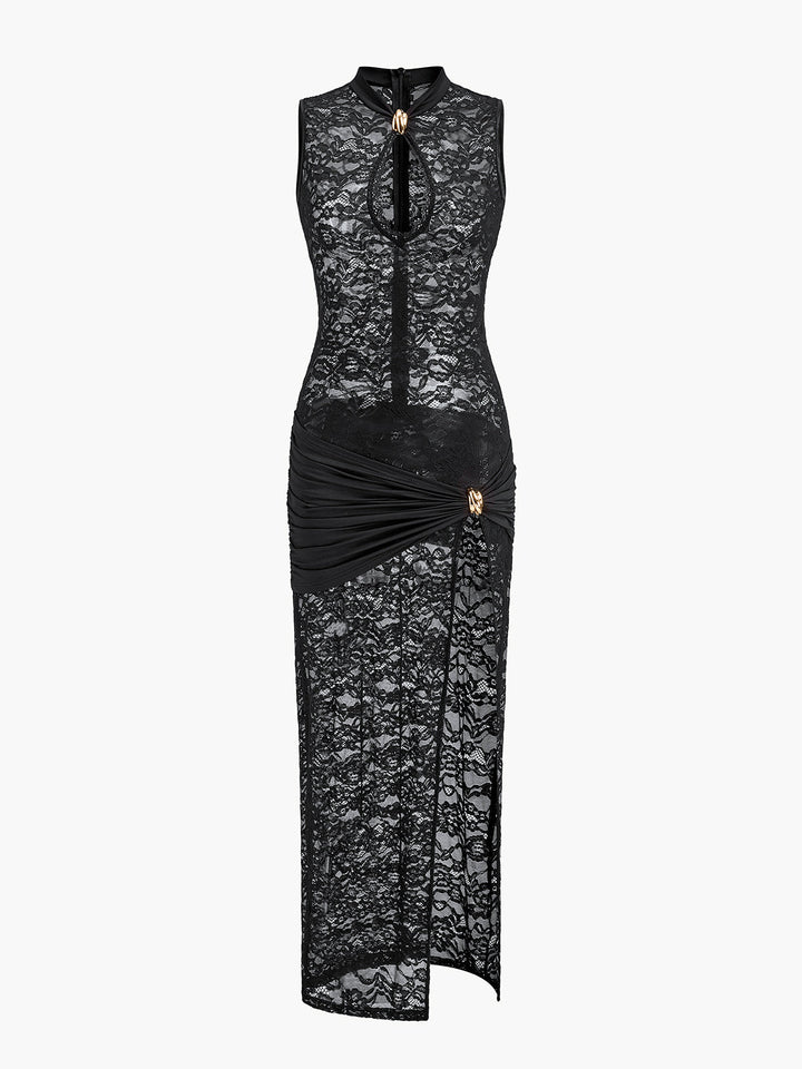 Kleid mit durchbrochener Schlüssellochausschnitt und Raffungen