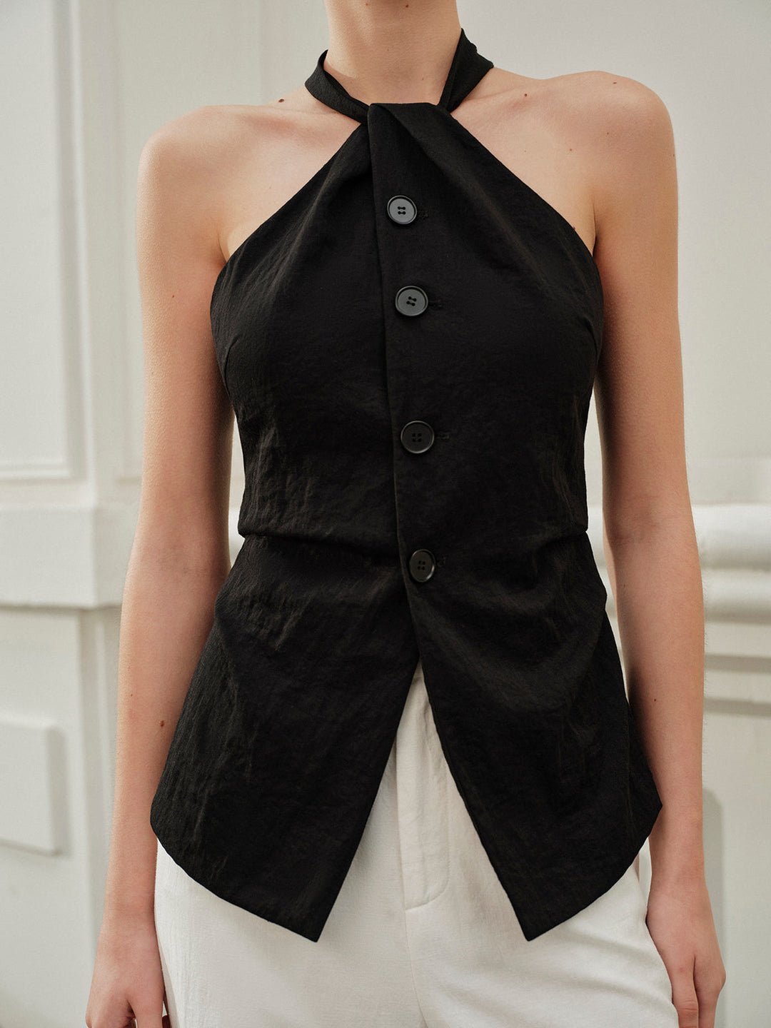 Halter Asymmetrischer-Hals-Split-Oberteil