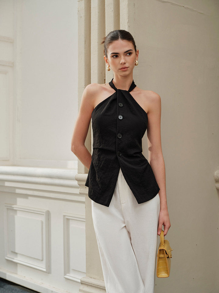 Halter Asymmetrischer-Hals-Split-Oberteil