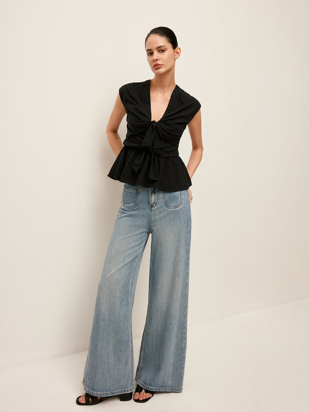 Mid-Waist Wide-Leg Denim Jeans Mit Taschen