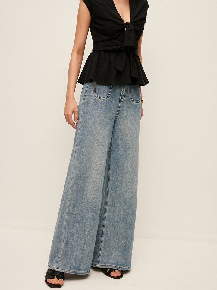 Mid-Waist Wide-Leg Denim Jeans Mit Taschen