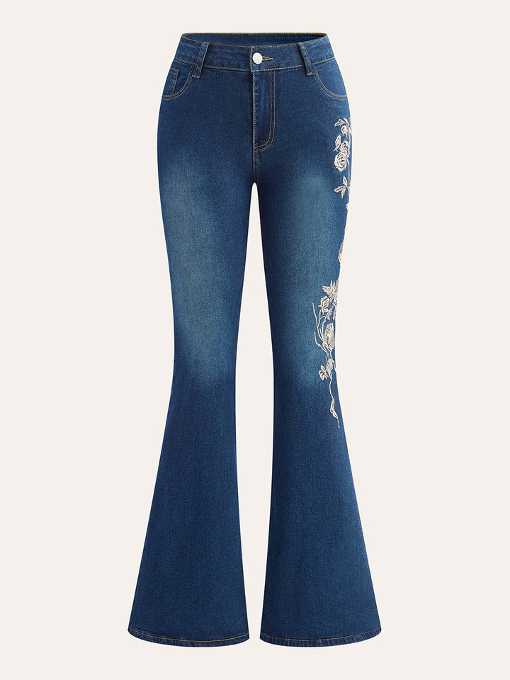 Mid-Taille Jeans mit ausgestelltem Bein und Stickerei