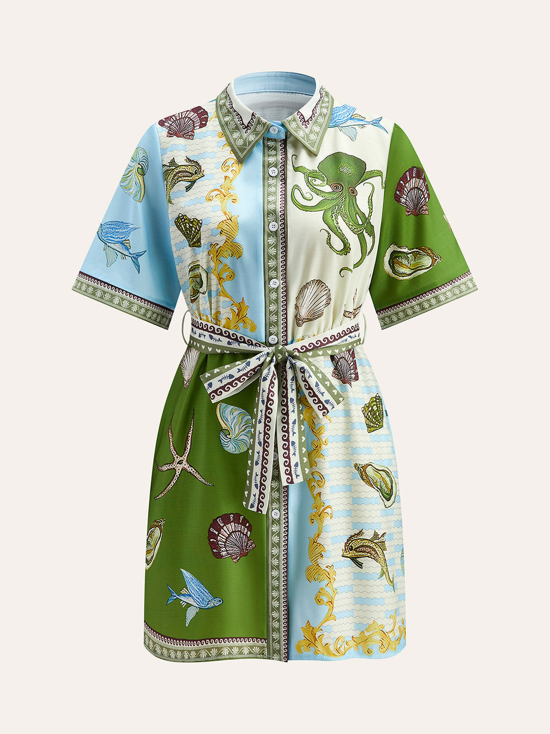 Button-Down Kragen Hemd mit Aquatik-Print und Gürtel