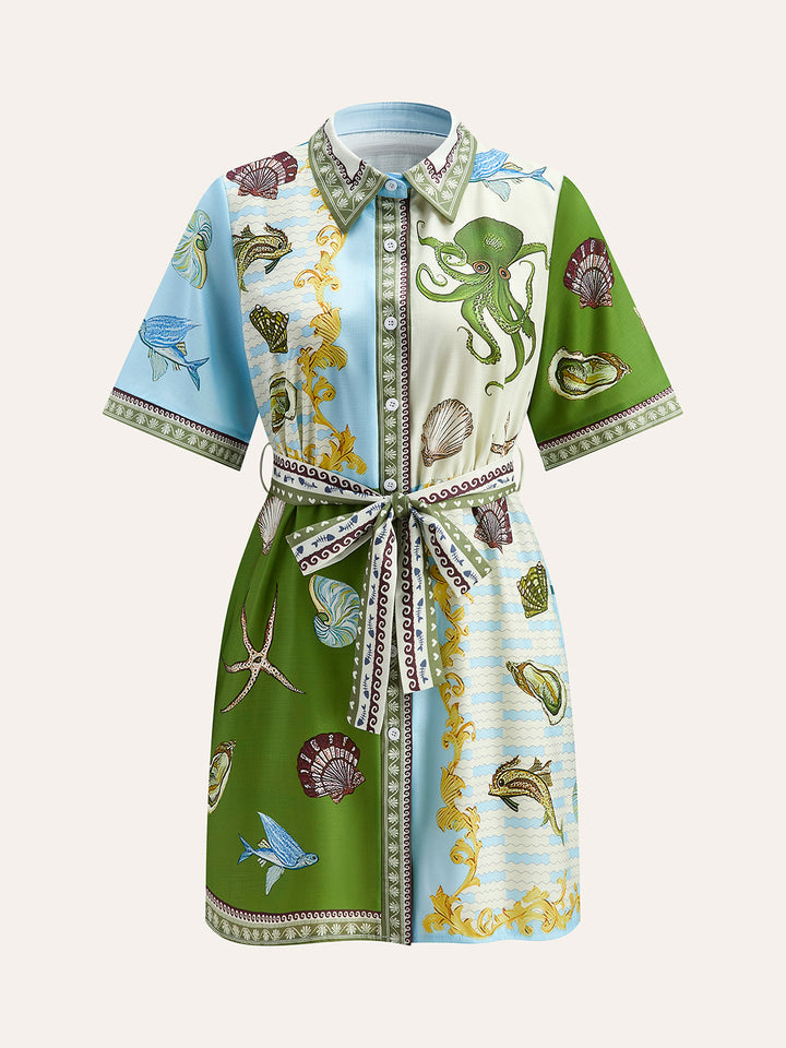 Button-Down Kragen Hemd mit Aquatik-Print und Gürtel