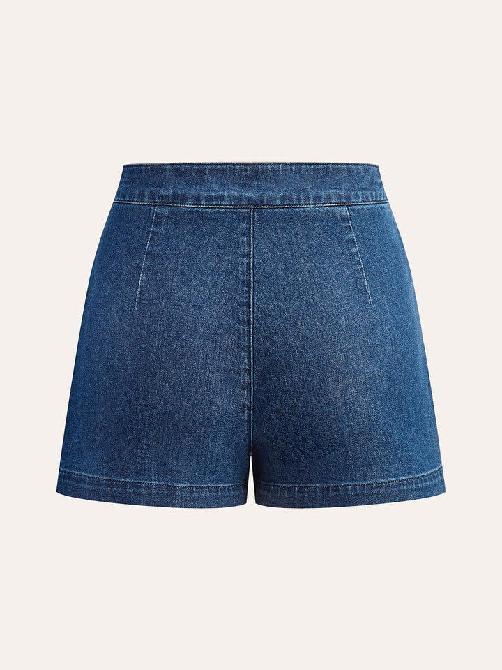 Denim-Shorts-Set mit V-Ausschnitt und Metallknopf-Bindeband