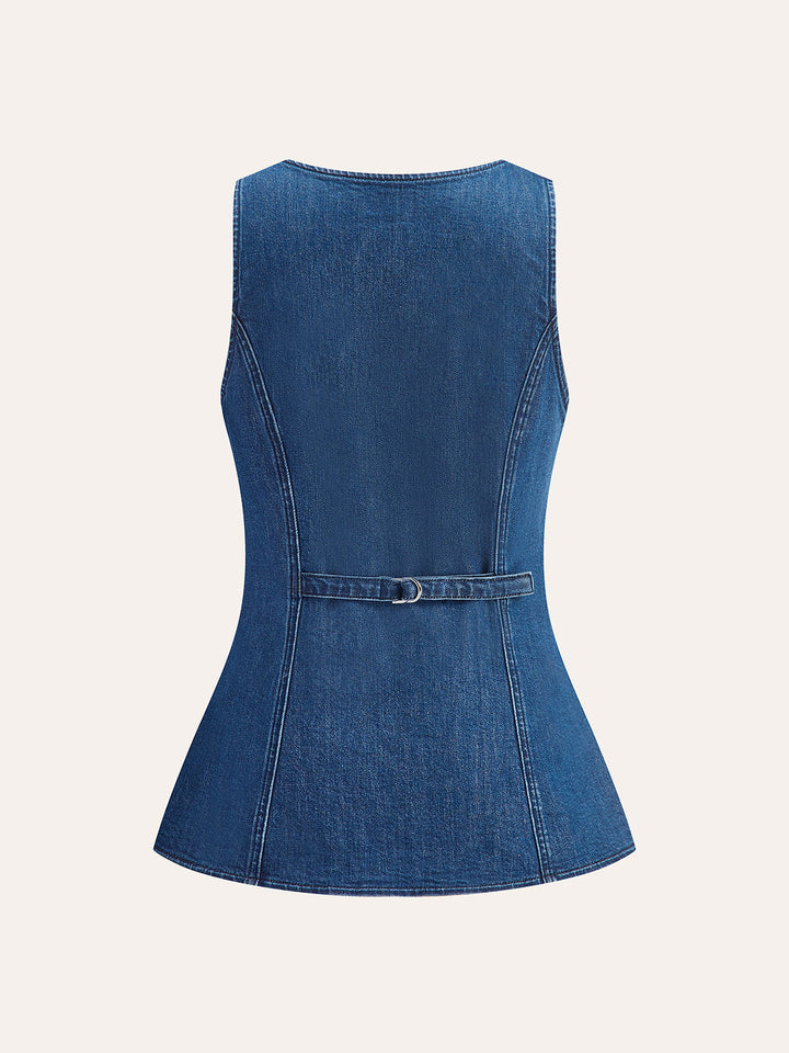 Denim-Shorts-Set mit V-Ausschnitt und Metallknopf-Bindeband