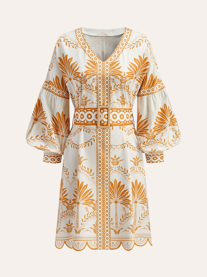 Boho Print V-Ausschnitt Kleid mit Gürtel