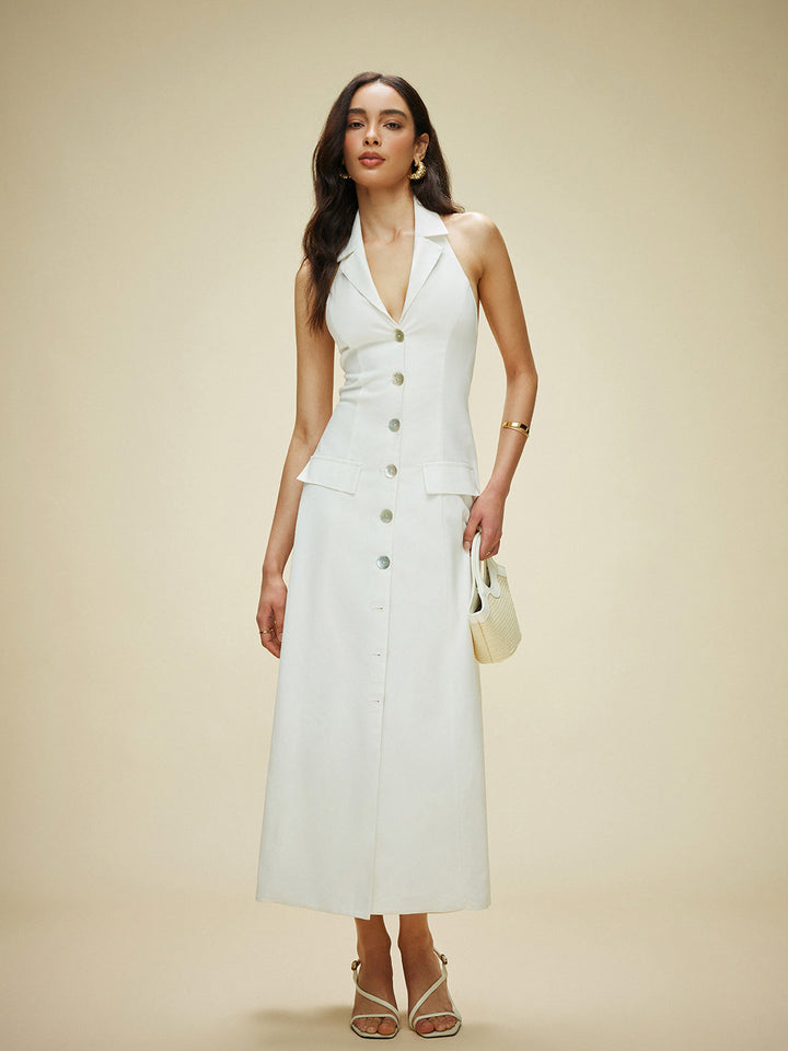 Kleid mit Taschen und Neckholder-Bindung aus Baumwolle & Leinen