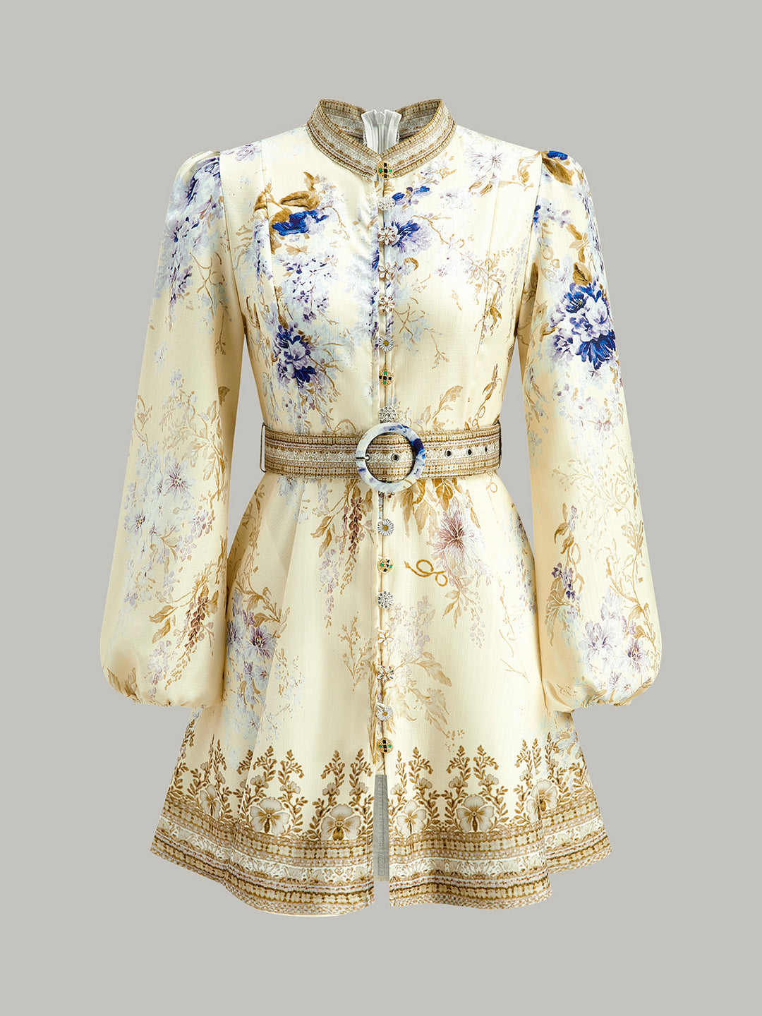 Kleid mit Blumenmuster und Puffärmeln mit Gürtel