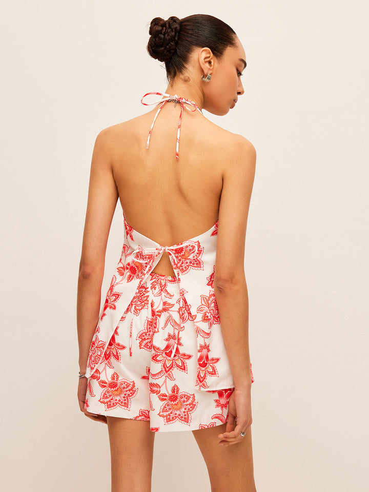 Blumen-Halter-Neck-Krawatten-Vorderseite-Shorts-Set