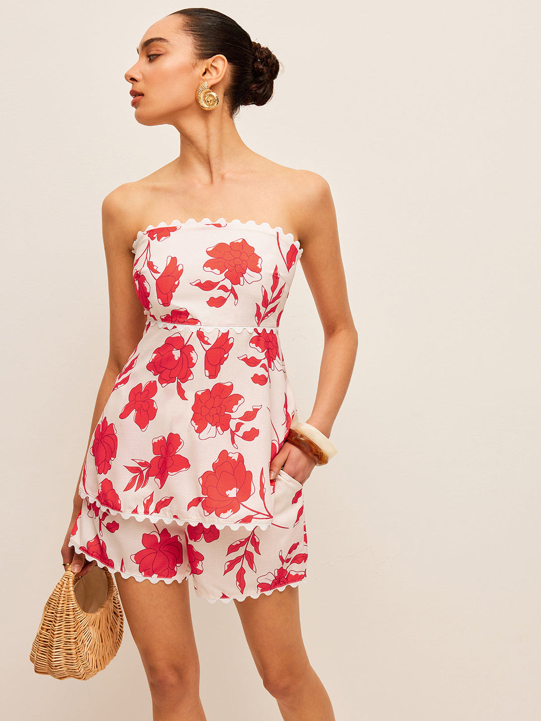 Blumen-Trägertop mit Hosenteil-Set mit Taschen