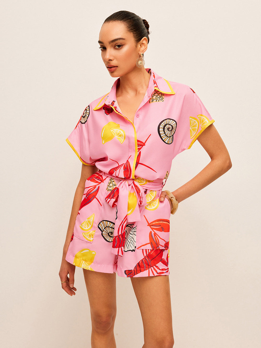 Fruit & Shell Print Tie-Waist Jumpsuit