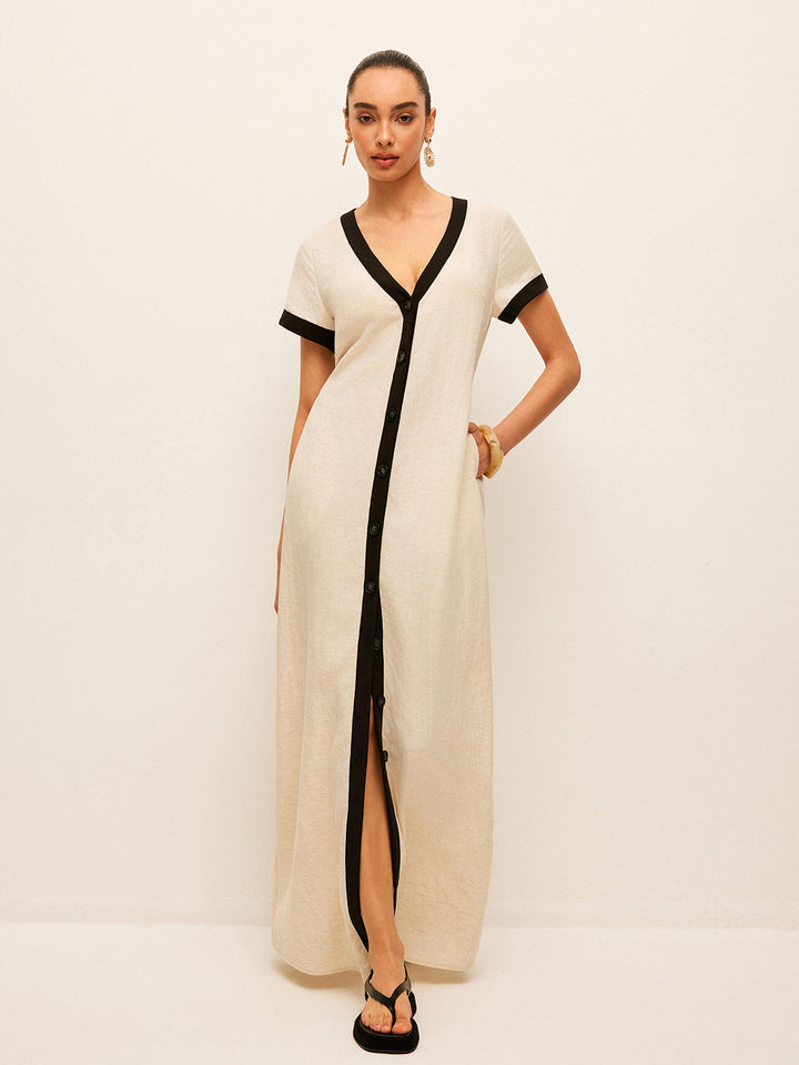 Kleid mit hohem Schlitz und Kontrastband aus Baumwolle und Leinen