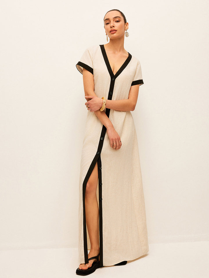 Kleid mit hohem Schlitz und Kontrastband aus Baumwolle und Leinen