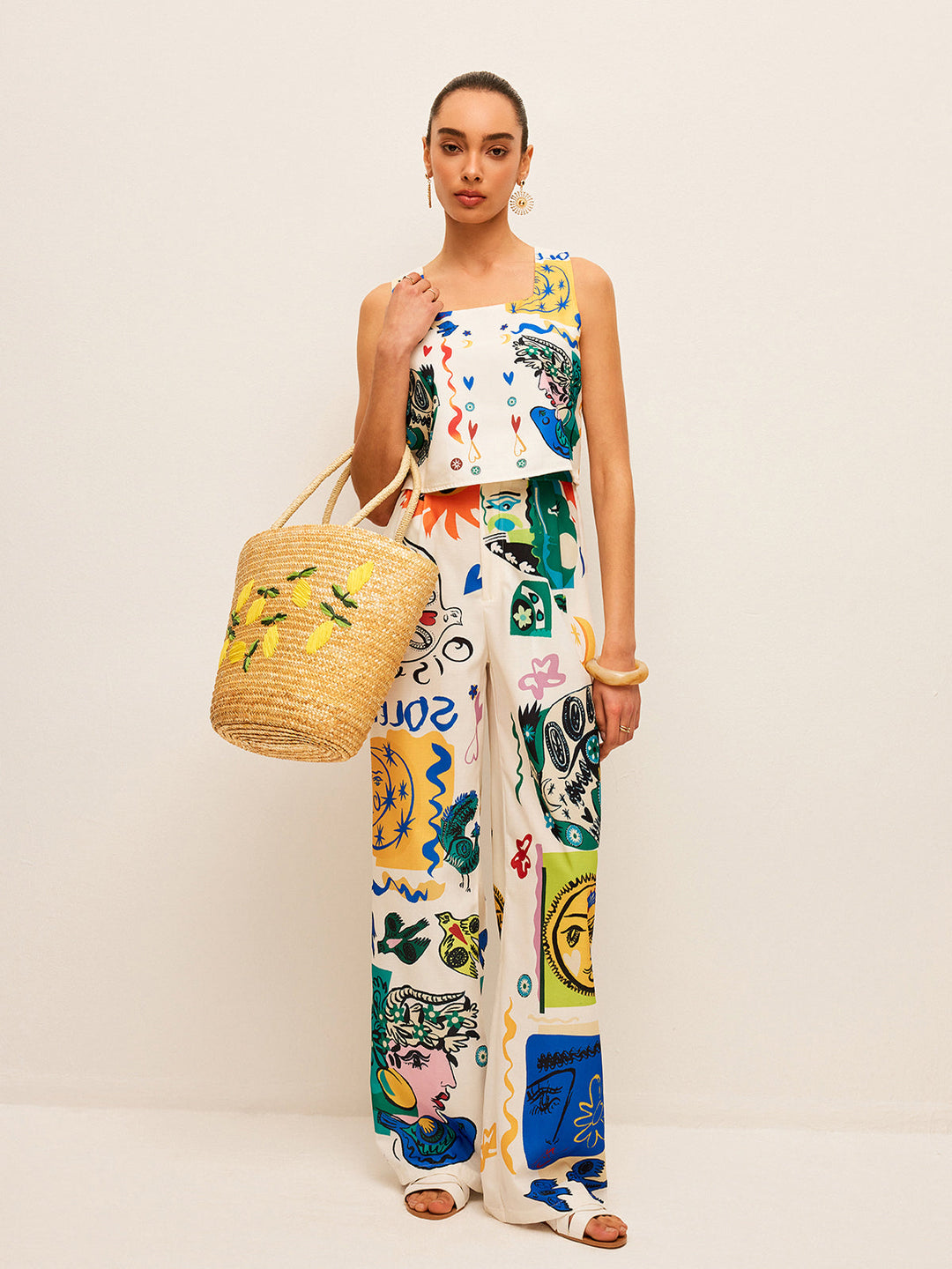 Graphic Print Crop Top Mit Weitschen Hosen Set