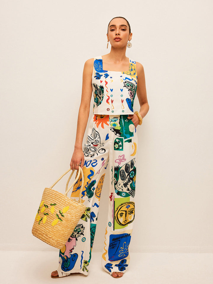 Graphic Print Crop Top Mit Weitschen Hosen Set