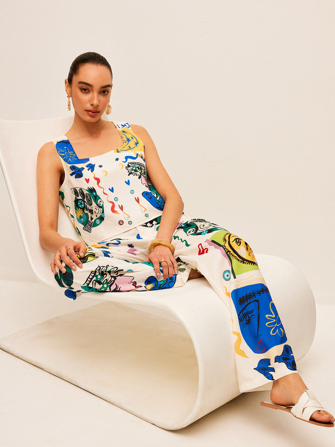 Graphic Print Crop Top Mit Weitschen Hosen Set