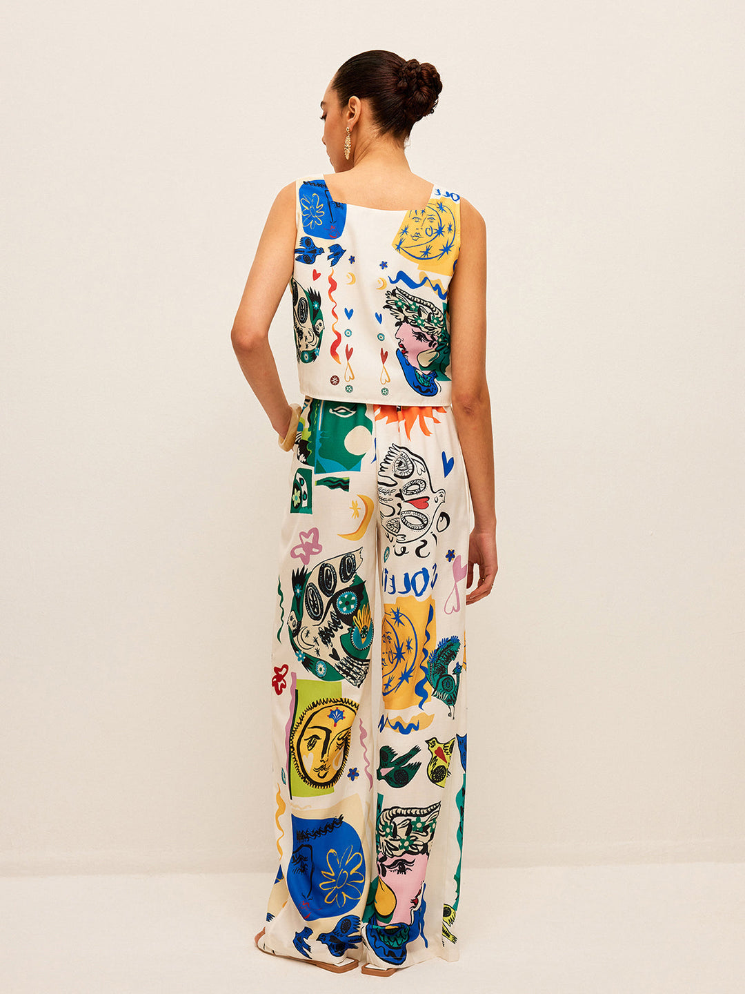 Graphic Print Crop Top Mit Weitschen Hosen Set