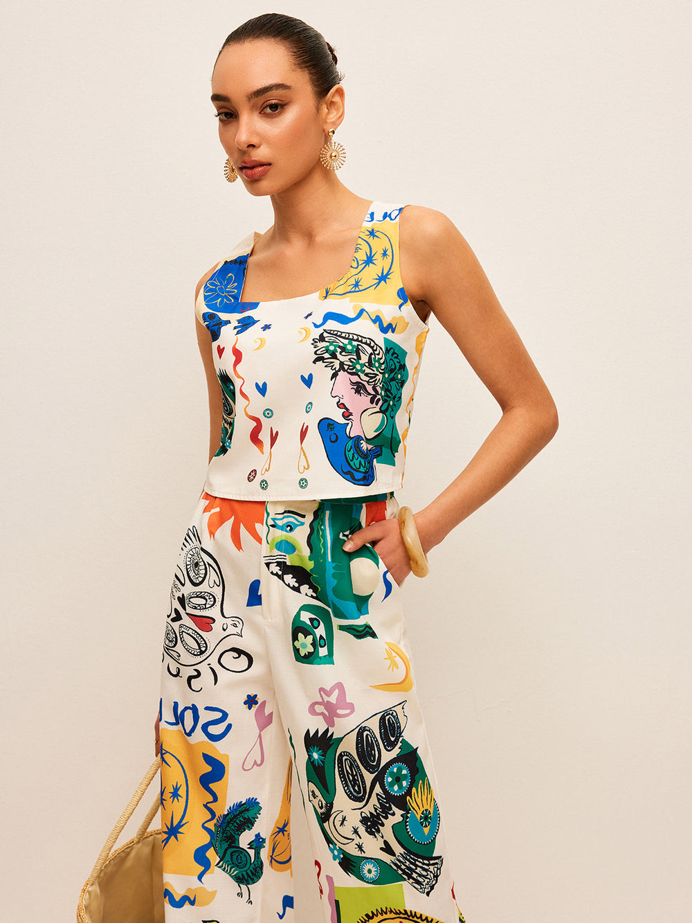 Graphic Print Crop Top Mit Weitschen Hosen Set