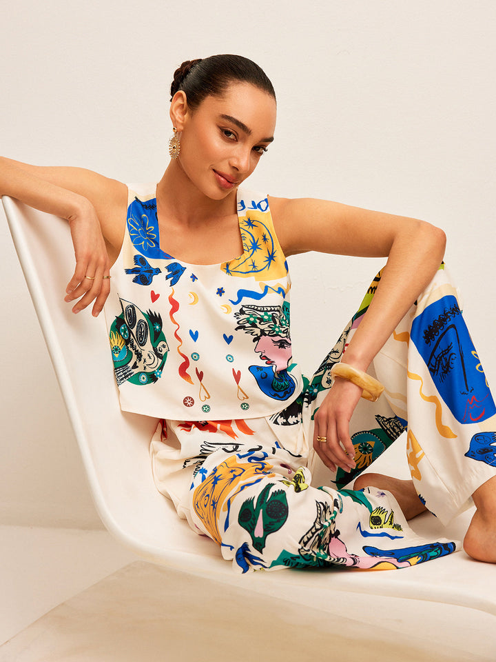 Graphic Print Crop Top Mit Weitschen Hosen Set