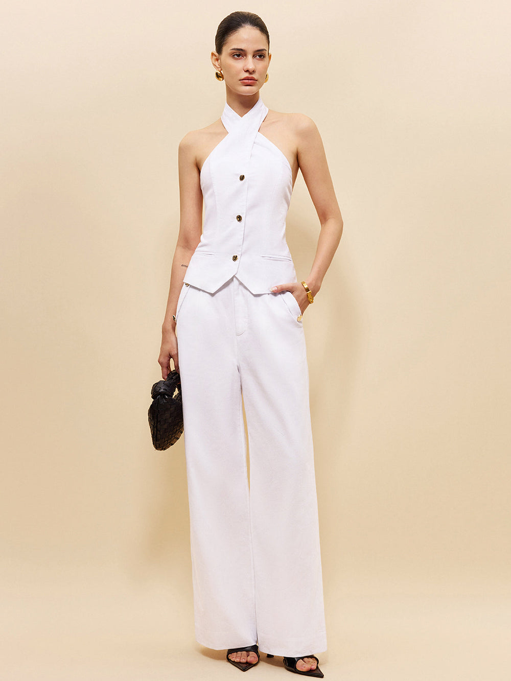 Leinen- & Baumwollhose mit Taschen und mittlerem Bund