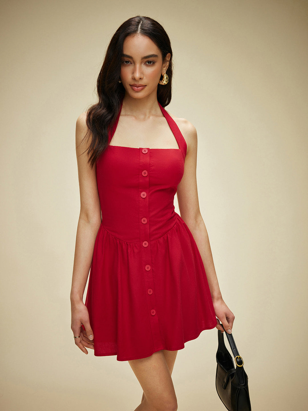 Kleid mit Neckholder-Ausschnitt und Knopfleiste aus Baumwolle & Leinen