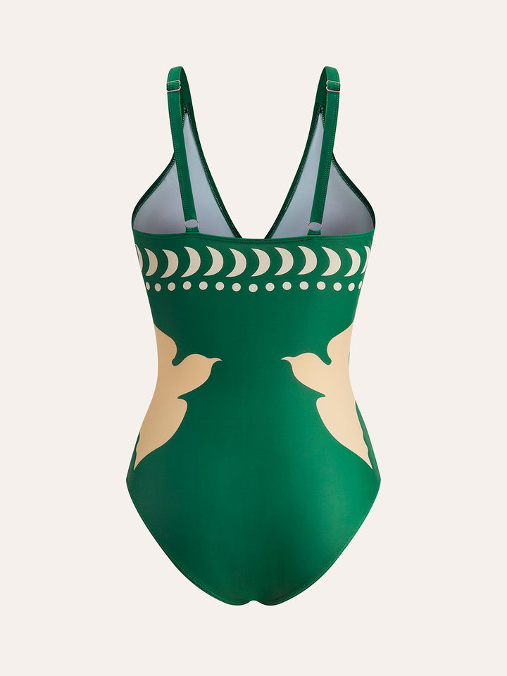 Badeanzug mit Cut-Out und Vogelprint
