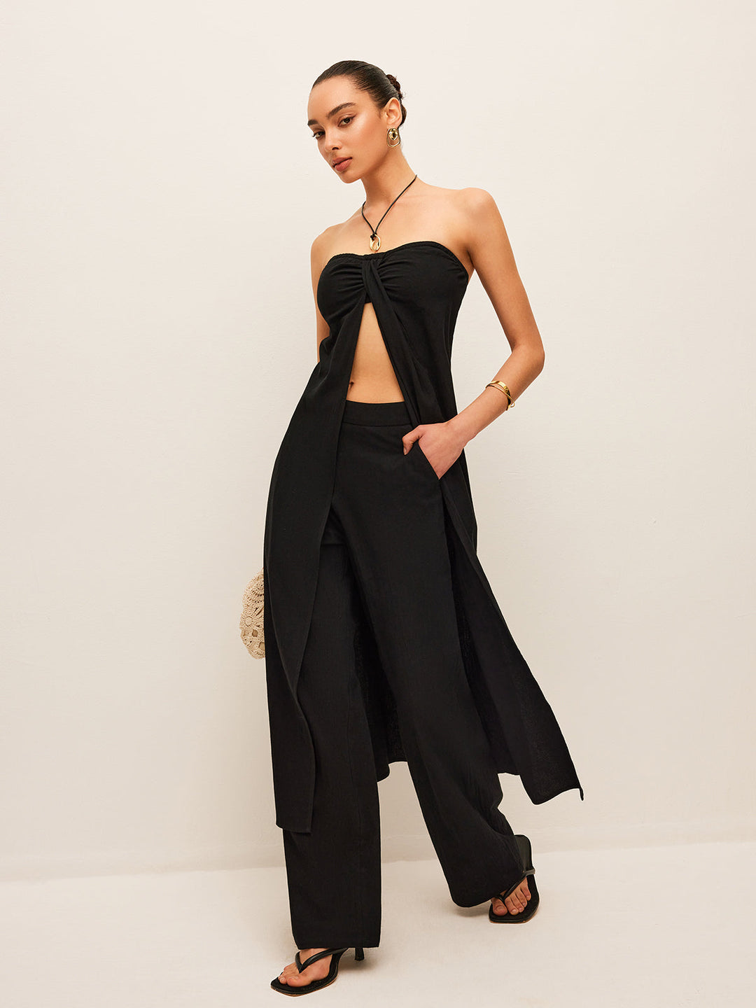 Baumwoll- & Leinen-Bindetop mit Hose Set