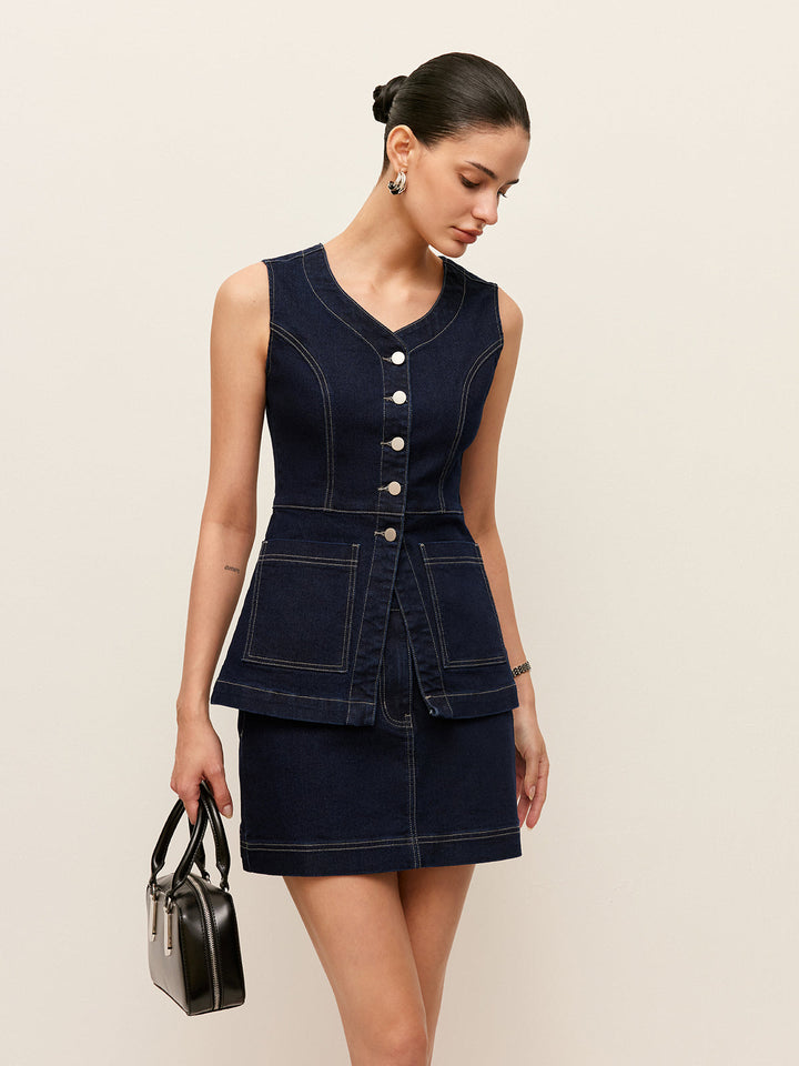 Denim Knopfleistenweste mit Taschen