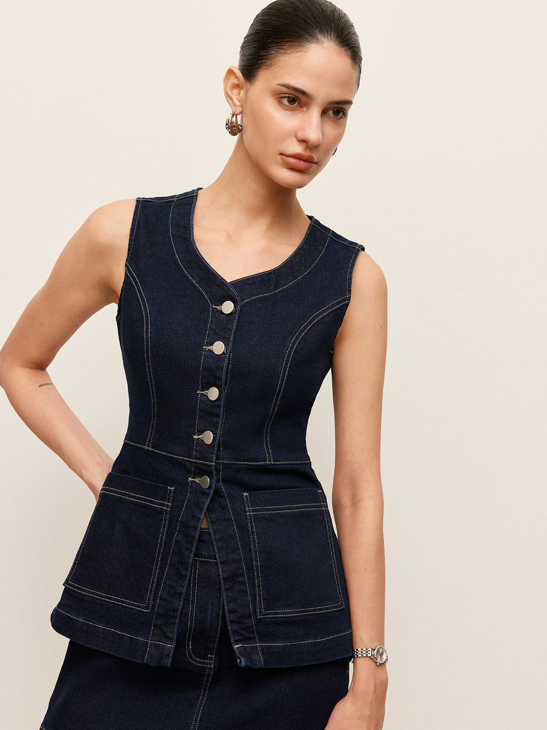 Denim Knopfleistenweste mit Taschen