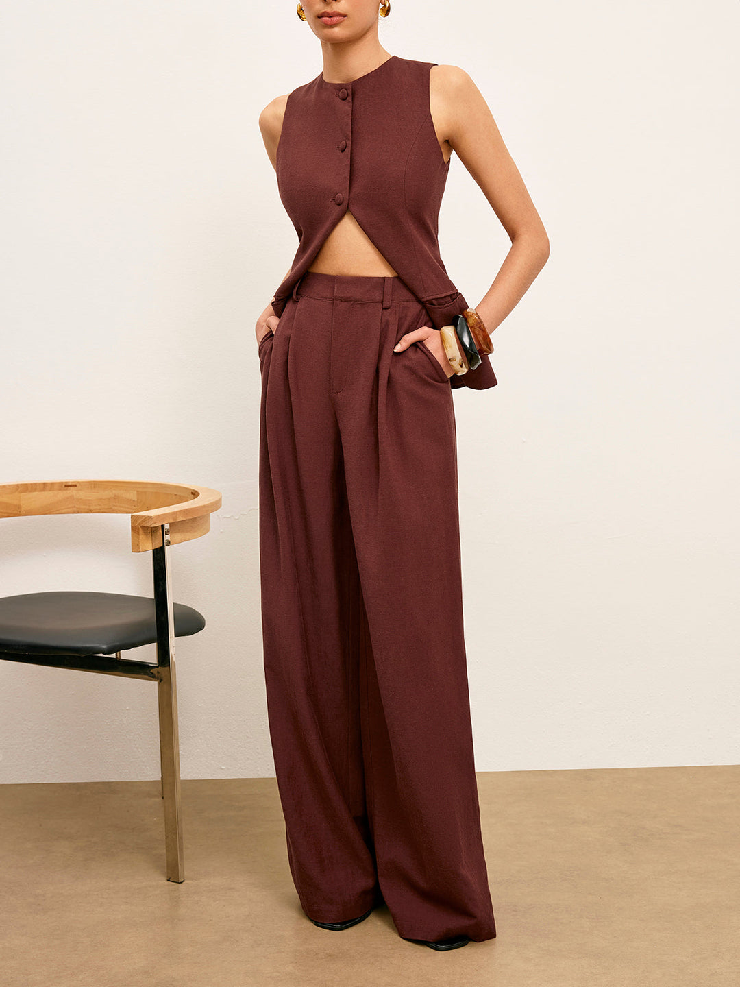 Mid-Waist Weitbeinige Hose Mit Taschen