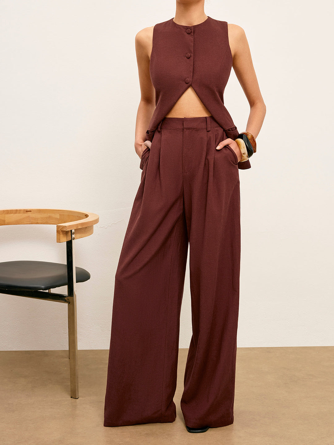 Mid-Waist Weitbeinige Hose Mit Taschen