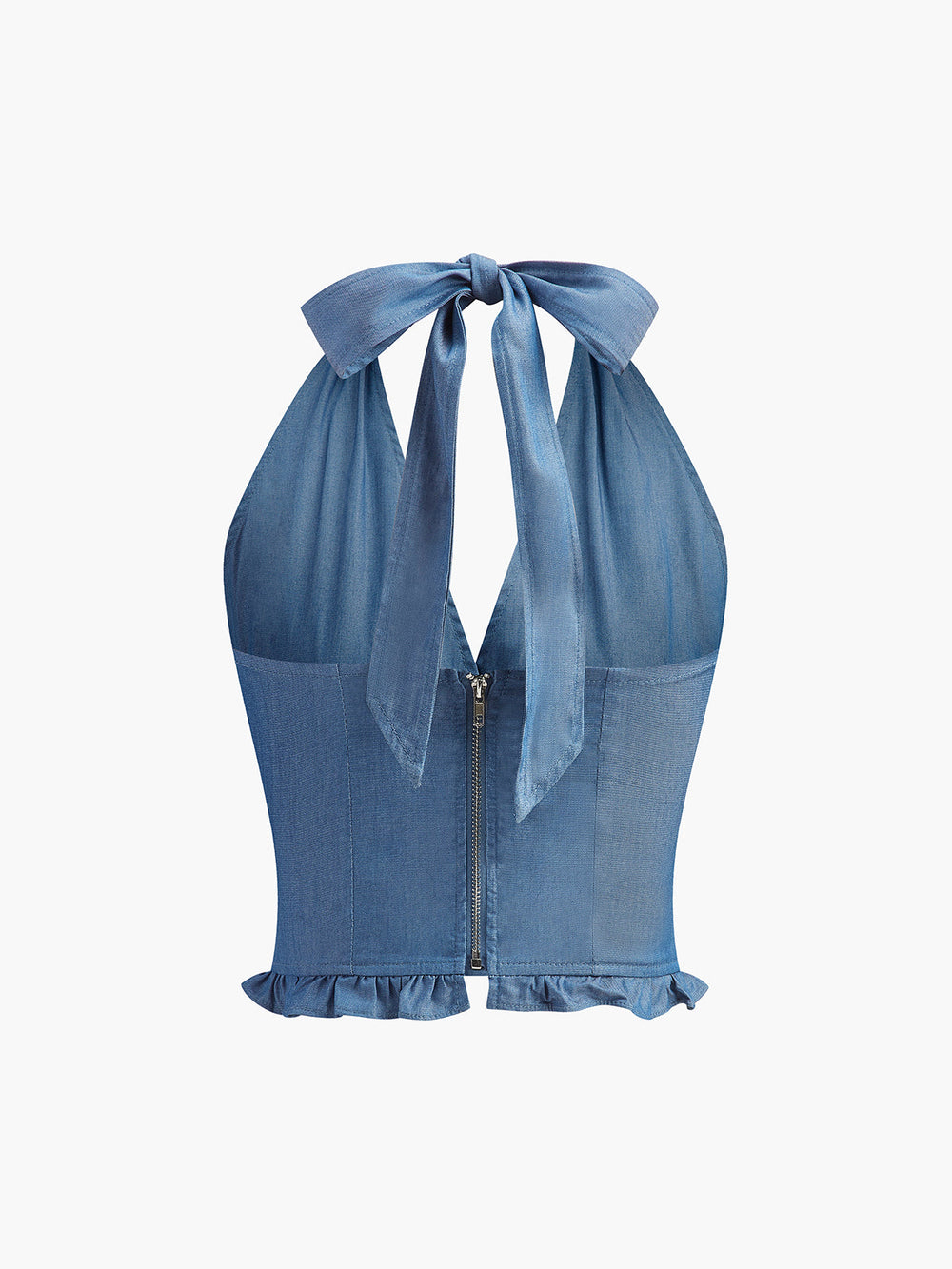 Denim Neckholder-Oberteil mit Rüschensaum