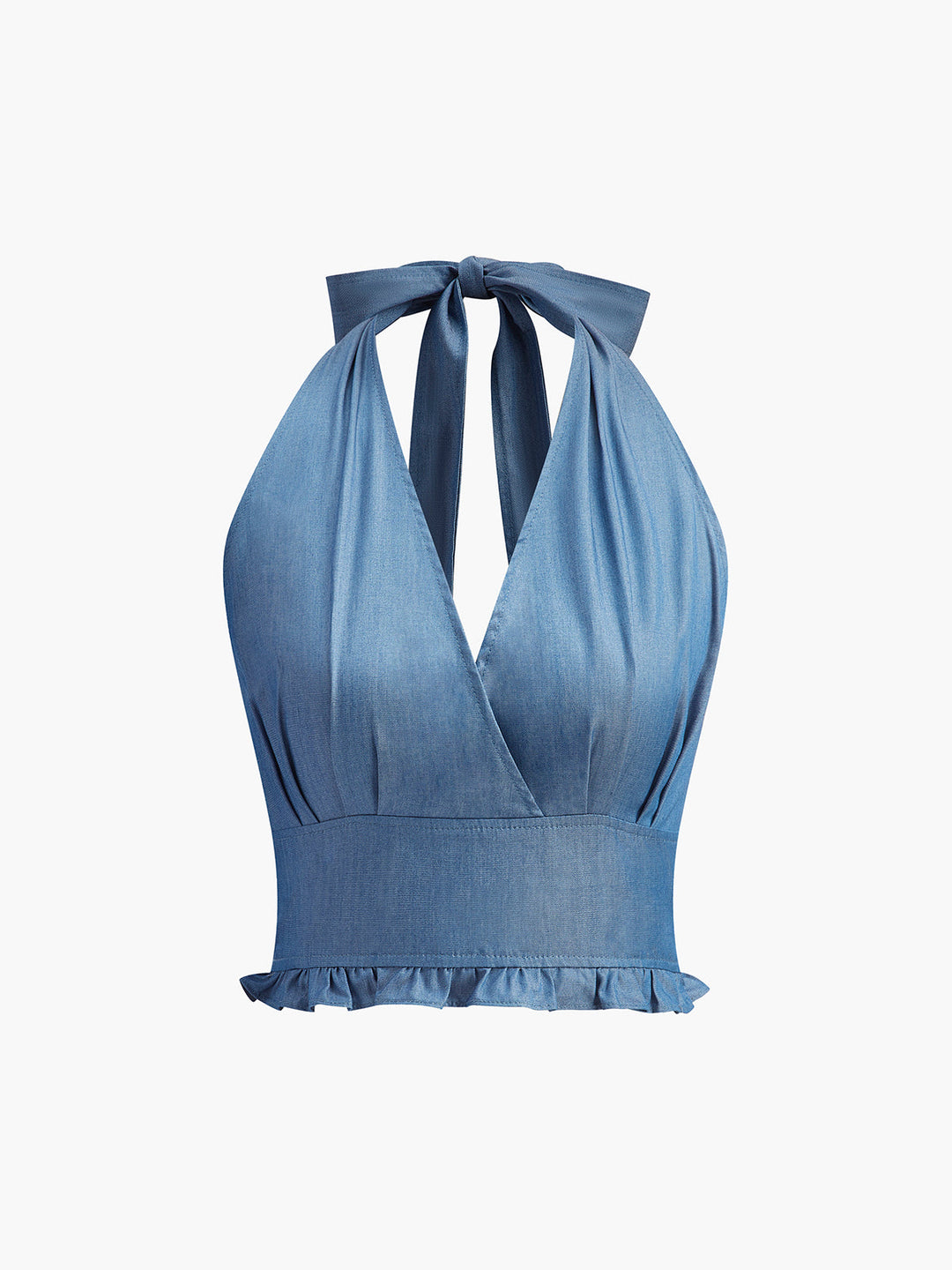 Denim Neckholder-Oberteil mit Rüschensaum