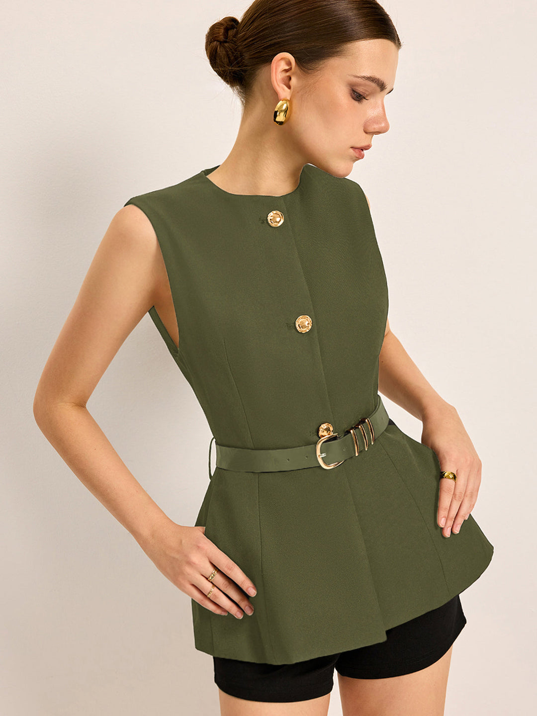 Button Detail Pockets Top Mit Gürtel