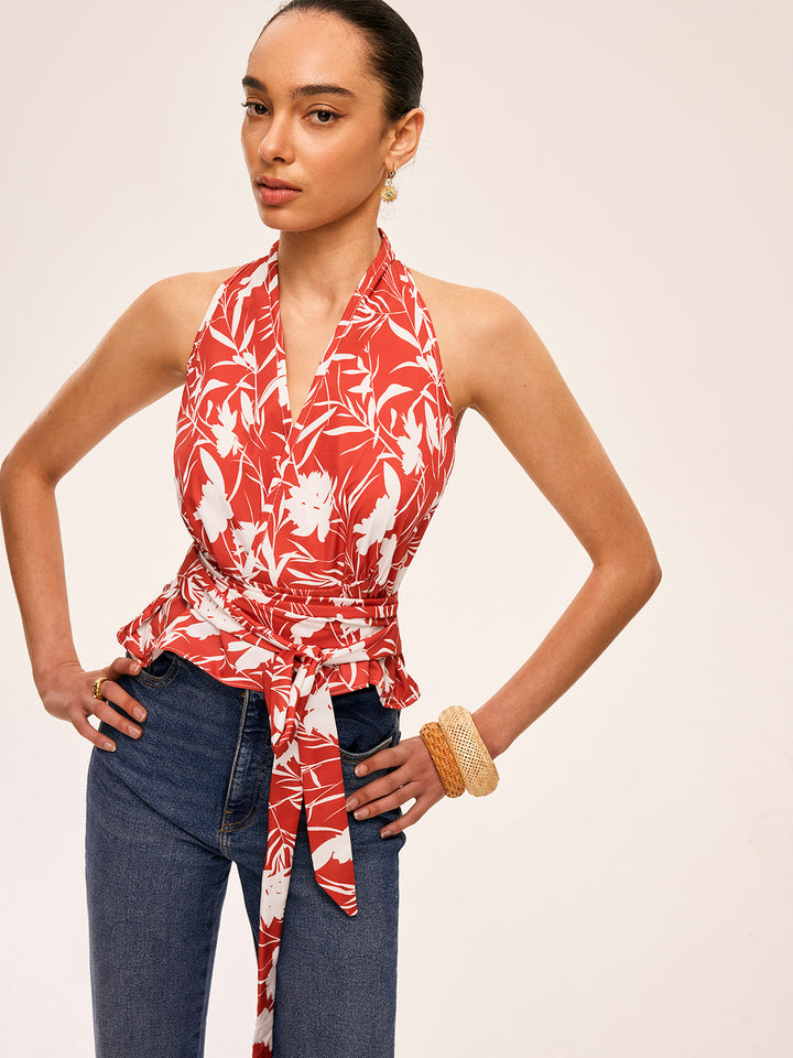 Blumen-Halter-Oberteil mit Bindegürtel in der Taille