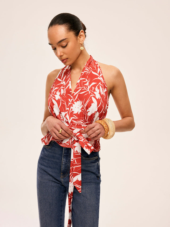 Blumen-Halter-Oberteil mit Bindegürtel in der Taille