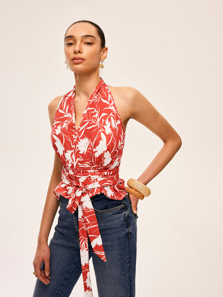 Blumen-Halter-Oberteil mit Bindegürtel in der Taille