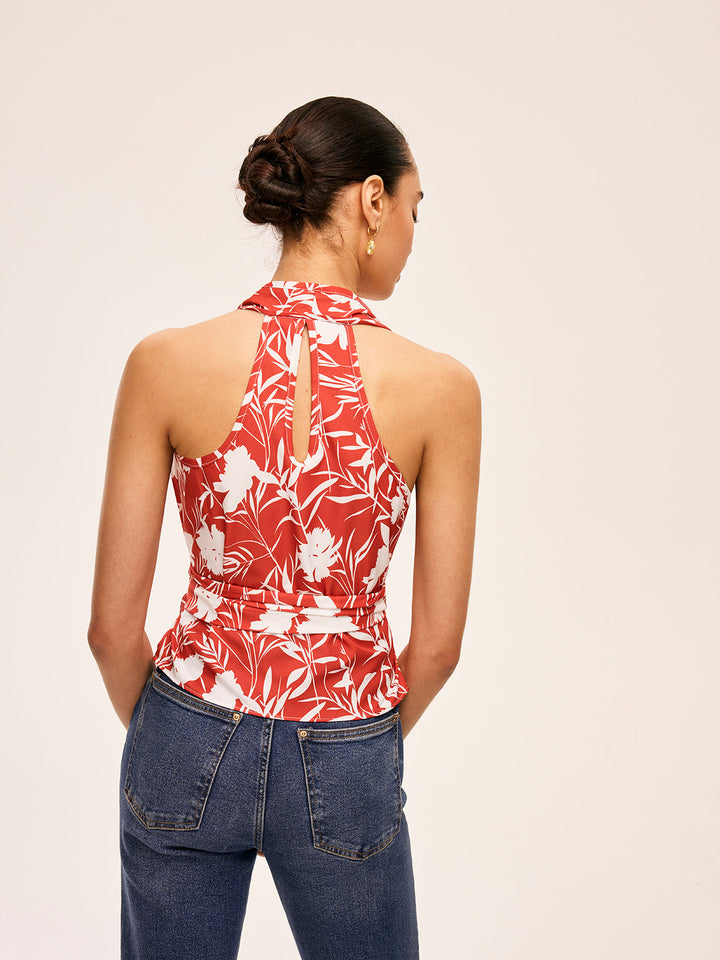 Blumen-Halter-Oberteil mit Bindegürtel in der Taille