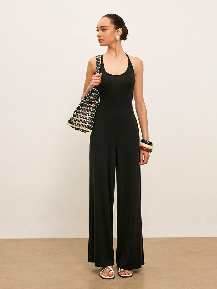 Strick-Jumpsuit ärmellos mit tiefem Rundhalsausschnitt und rückenfreiem Design