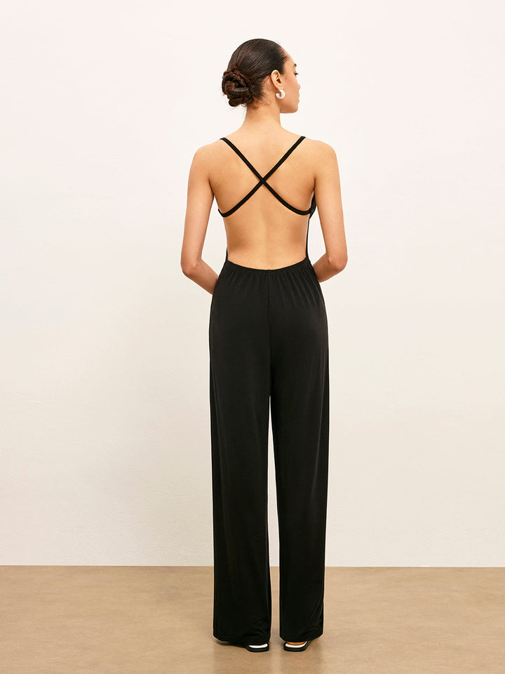 Strick-Jumpsuit ärmellos mit tiefem Rundhalsausschnitt und rückenfreiem Design