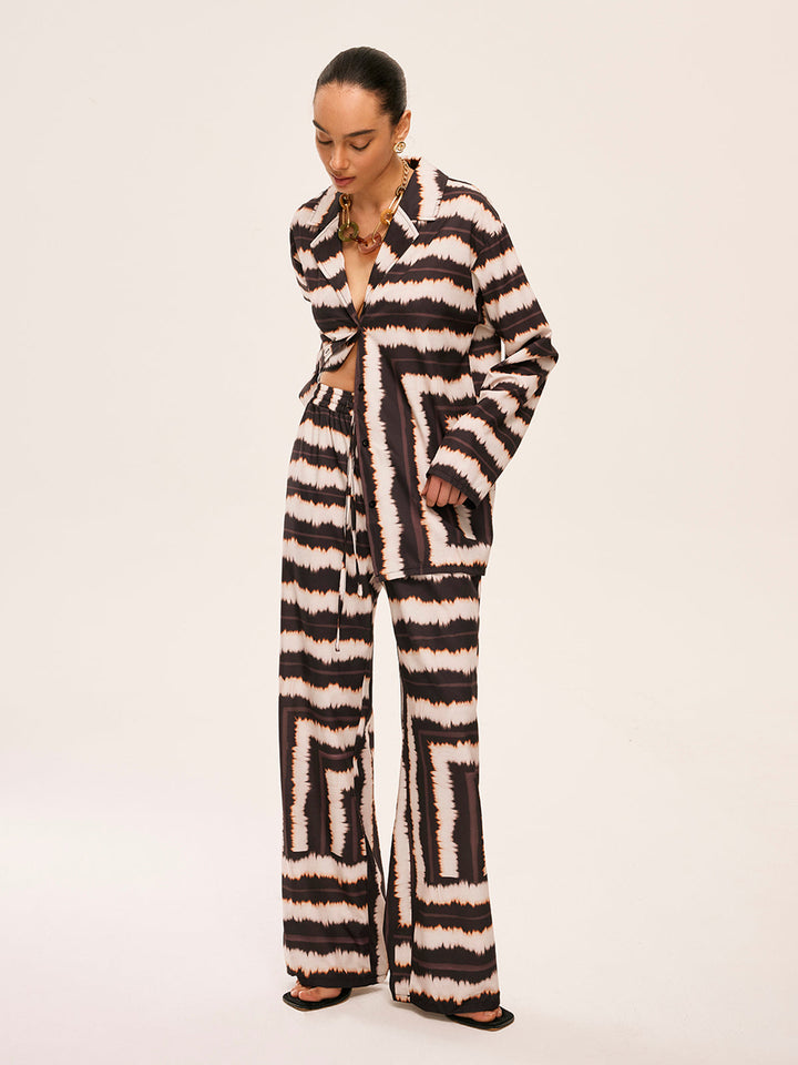 Geometric Color-Block Pants Set With Pockets