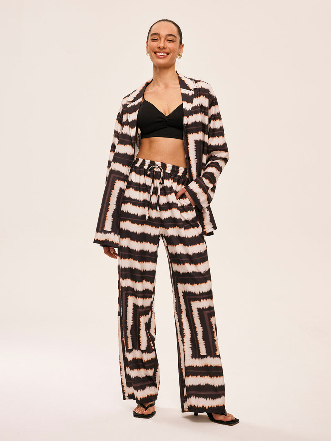 Geometric Color-Block Pants Set With Pockets